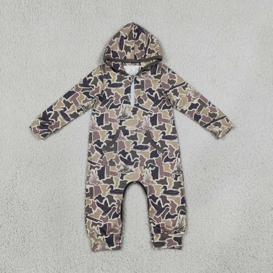 Baby Boys Grey Ducks Camo Hunting Zip Pockets Hoodie Pant Rompers