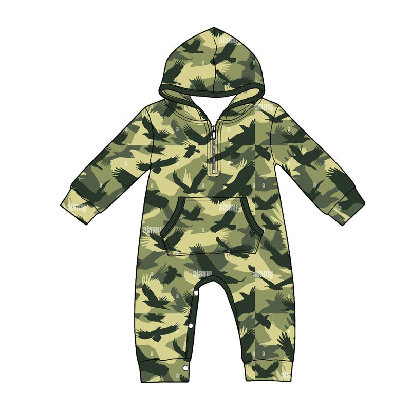 Baby Boys Long Sleeve Green Camo Ducks Hunting Zip Pockets Pant Rompers Preorder