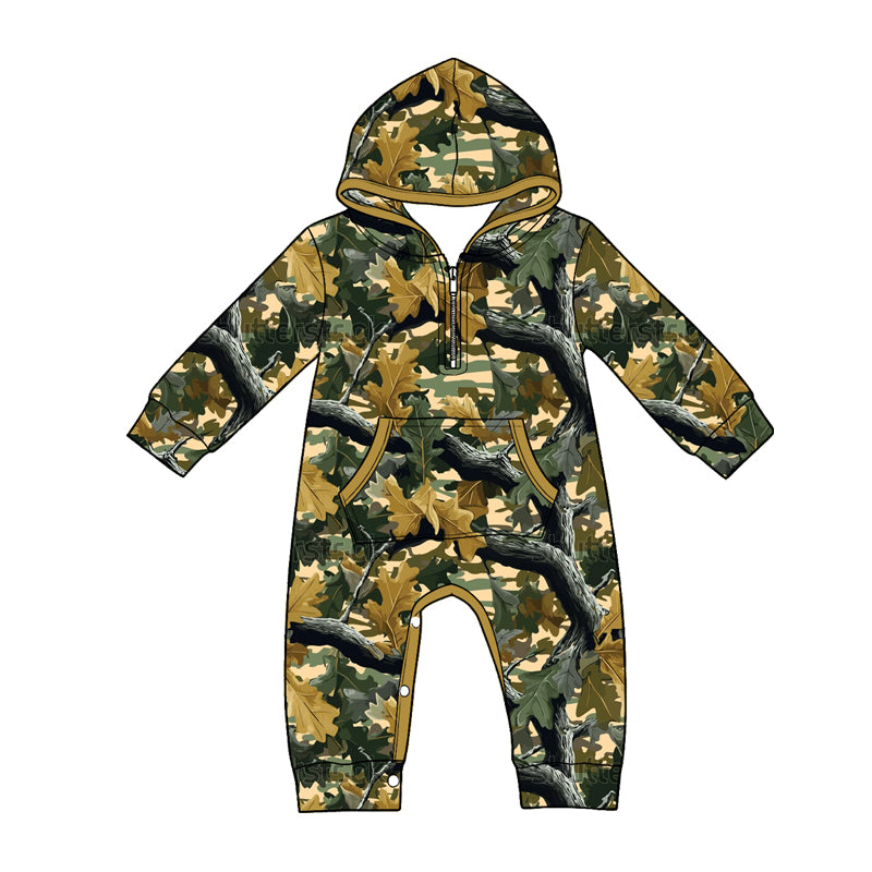 Baby Boys Long Sleeve Fall Leaves Camo Zip Pockets Pant Rompers Preorder