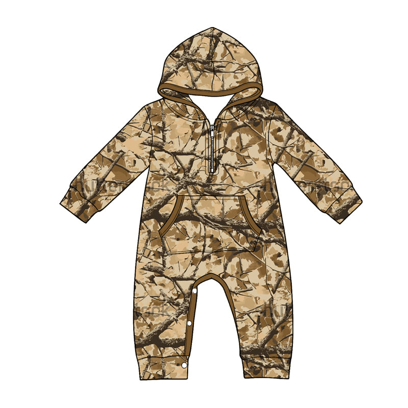 Baby Boys Long Sleeve Fall Leaves Camo Zip Pockets Pant Rompers Preorder