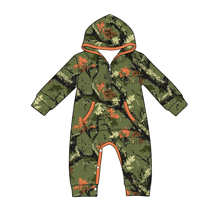 Baby Boys Long Sleeve Fall Leaves Camo Zip Pockets Pant Rompers Preorder