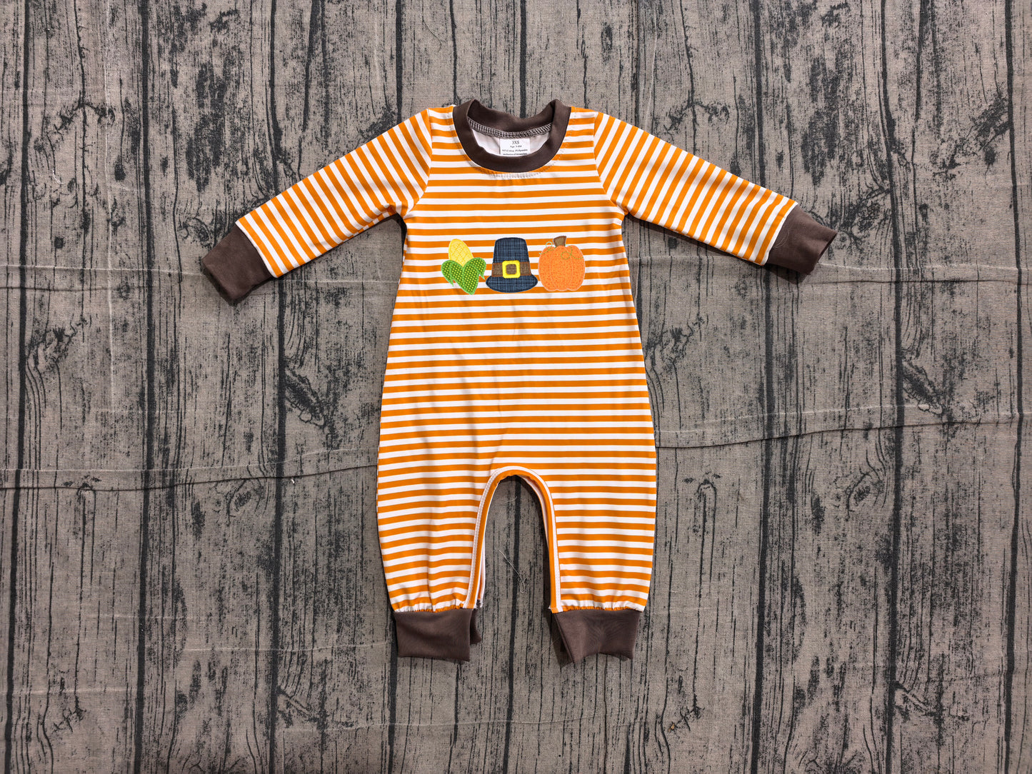 Embroidery Pumpkin Corns Baby Boys Long Sleeve Orange Stripe Fall Rompers Preorder