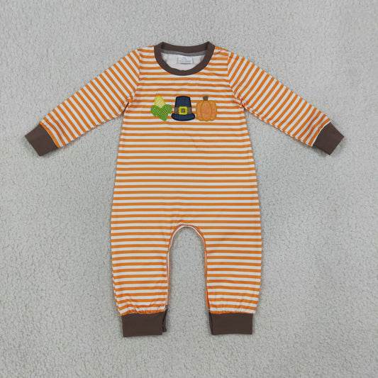 Embroidery Pumpkin Corns Baby Boys Orange Stripe Fall Pant Rompers