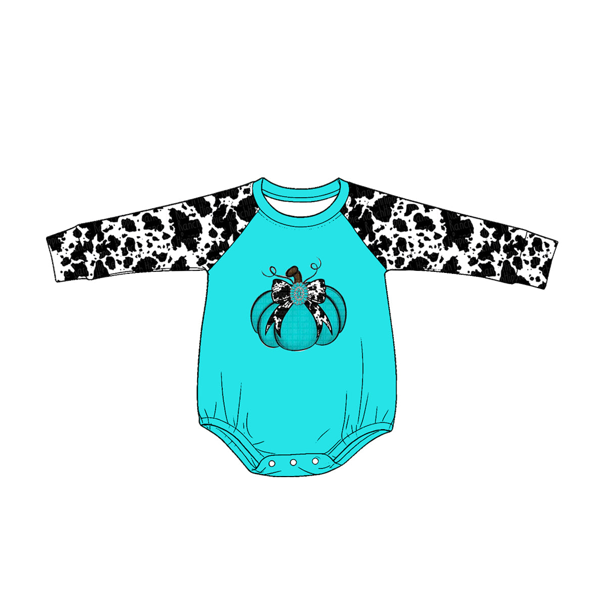 Baby Girls Long Sleeve Cow Turquoises Bows Pumpkins Fall Rompers Preorder
