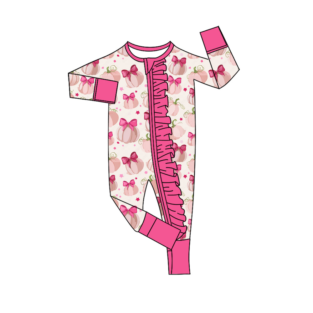 Baby Girls Pink Bows Pumpkins Fall Ruffle Zip Rompers Preorder