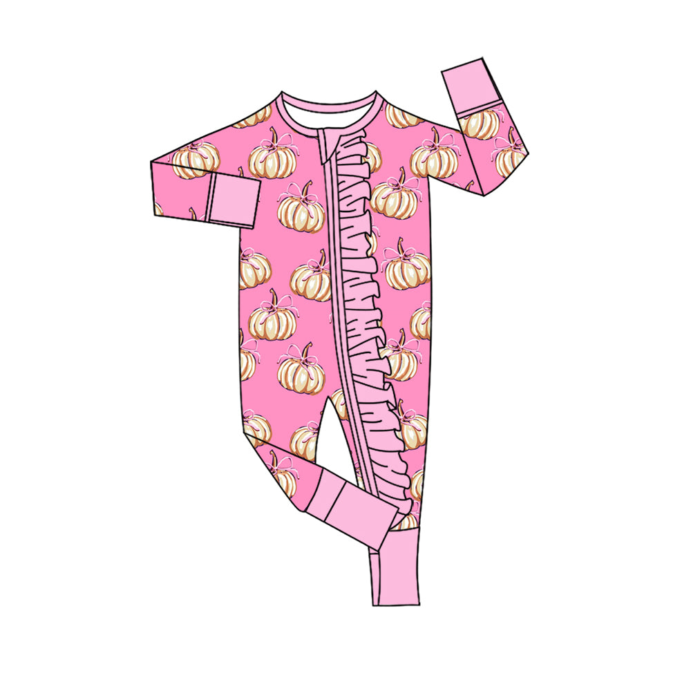 Baby Girls Pink Bows Pumpkins Fall Ruffle Zip Rompers Preorder