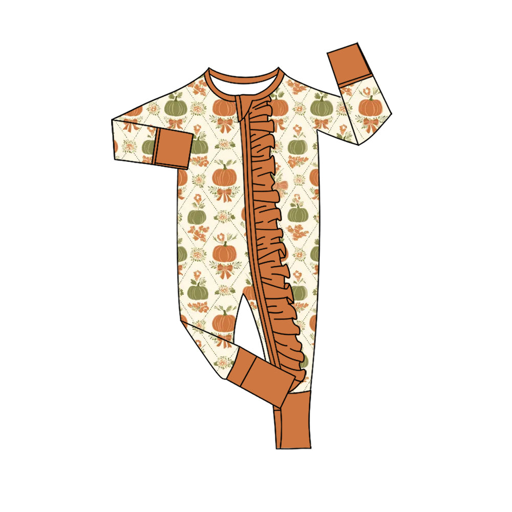 Baby Girls Bows Flowers Pumpkins Fall Ruffle Zip Rompers Preorder