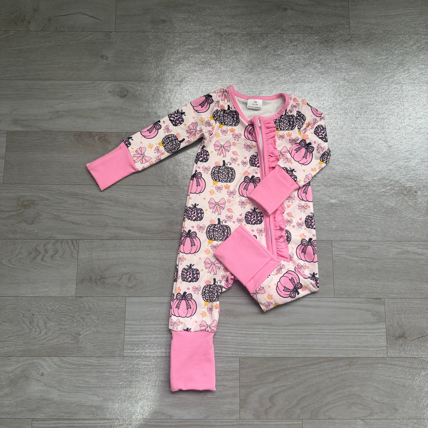 Baby Girls Pink Bows Leopard Pumpkins Fall Two Way Ruffle Zip Convertible Rompers