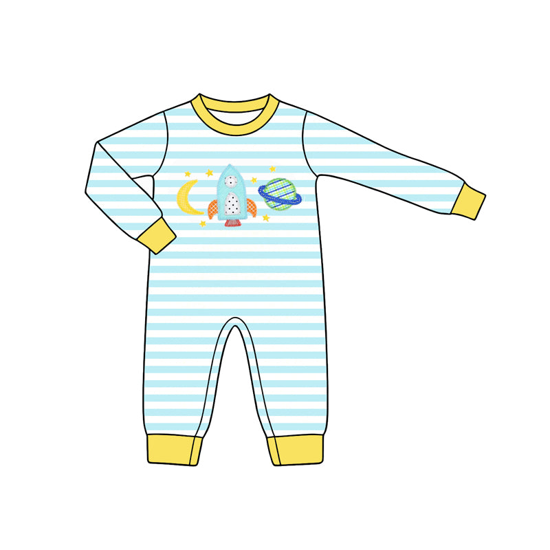 Baby Boys Long Sleeve Blue Stripe Rocket Moons Pant Rompers Preorder