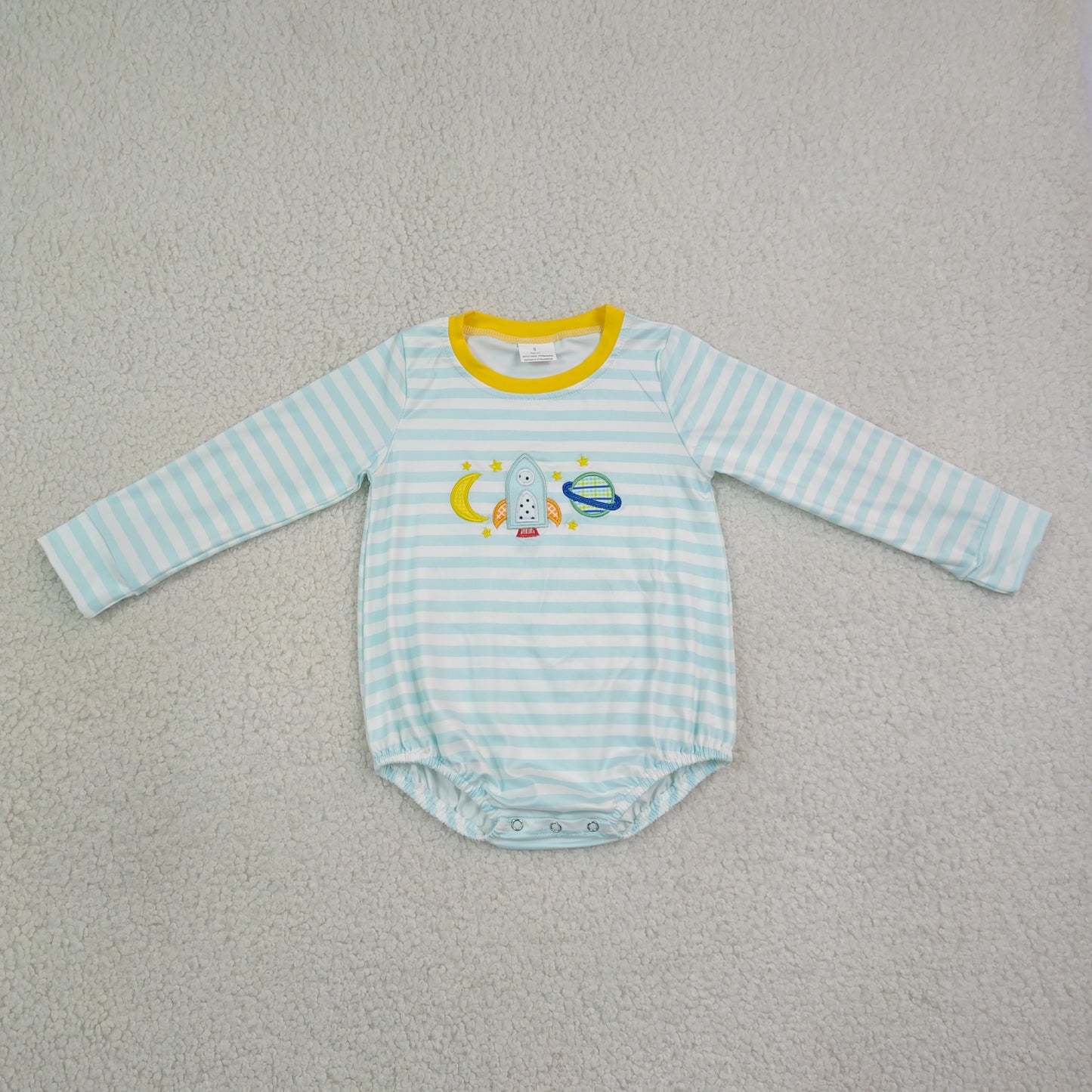 Embroidery Rocket Moons Baby Boys Long Sleeve Blue Stripe Rompers