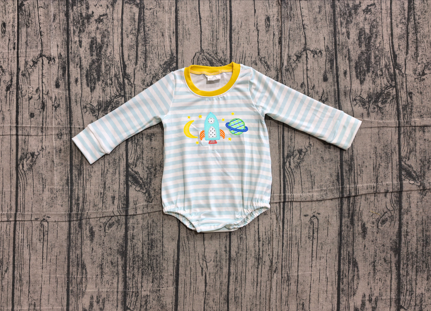 Embroidery Rocket Moons Baby Boys Long Sleeve Blue Stripe Ruffle Rompers Preorder