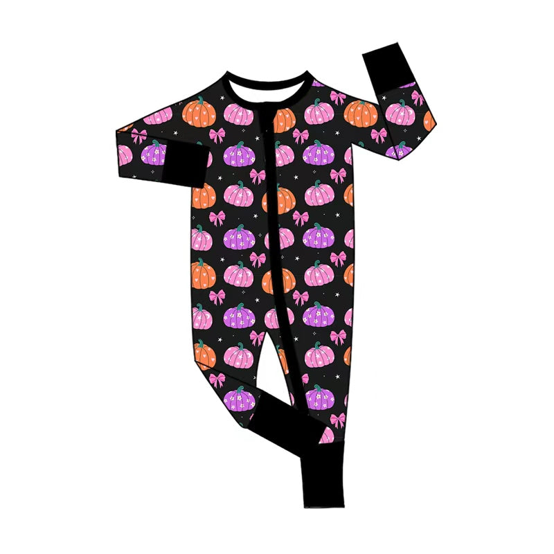 Baby Girls Long Sleeve Bows Pumpkins Fall Two Way Zip Convertible Rompers Preorder