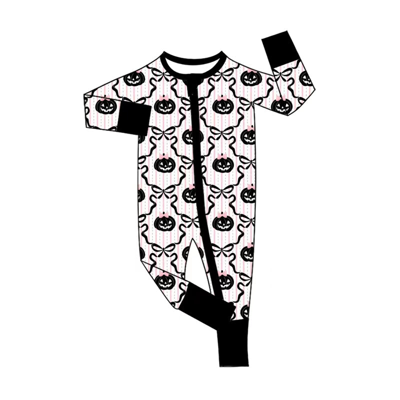 Baby Girls Bows Ghost Pumpkins Halloween Two Way Zip Convertible Rompers Preorder