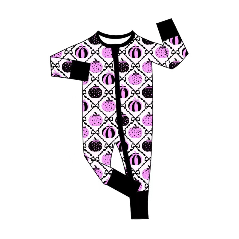 Baby Girls Bows Pumpkins Checked Fall Two Way Zip Convertible Rompers Preorder