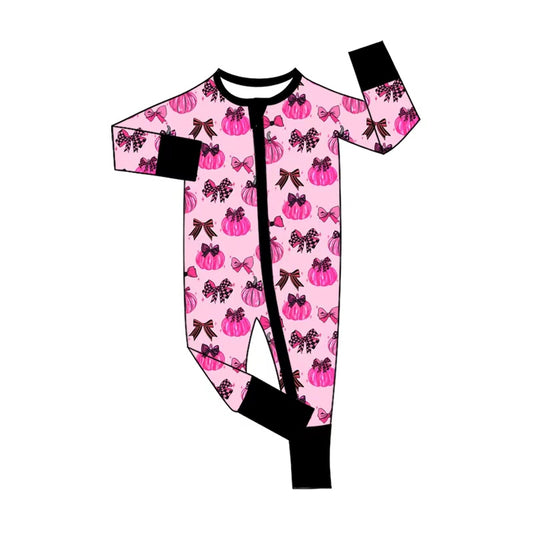Baby Girls Pink Bows Pumpkins Fall Two Way Zip Convertible Rompers Preorder