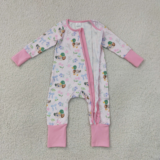 Baby Girls Flowers Ducks Hunting Two Way Ruffle Zip Convertible Rompers