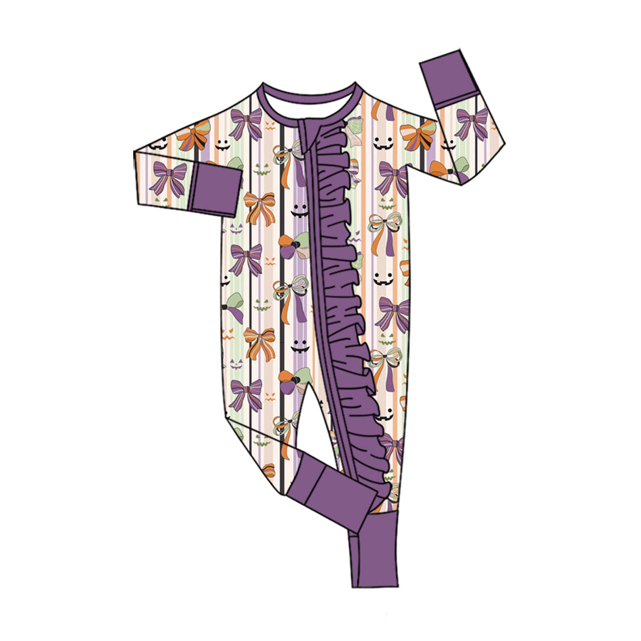 Baby Girls Ghosts Bows Stripe Halloween Two Way Ruffle Zip Convertible Romper Preorder