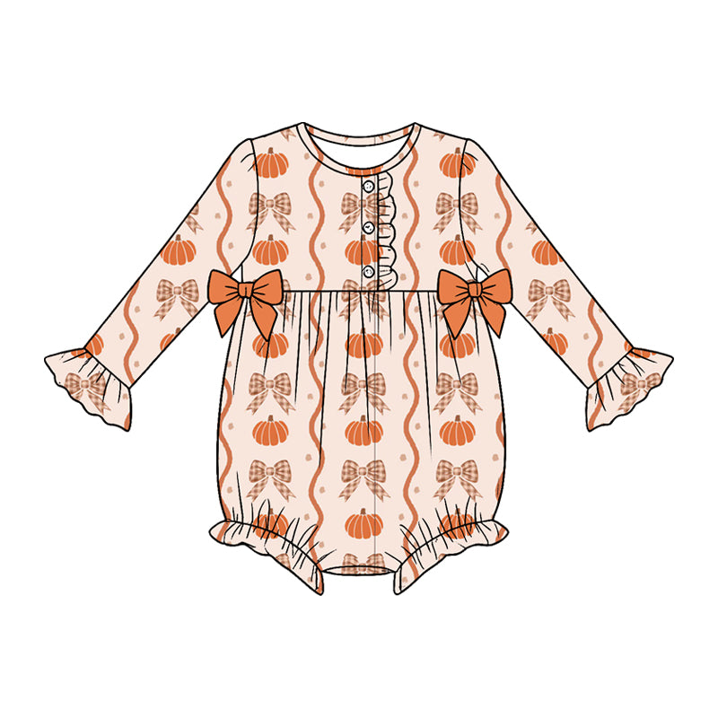 Baby Girls Long Sleeve Pumpkins Bows Stripe Fall Button Ruffle Romper Preorder