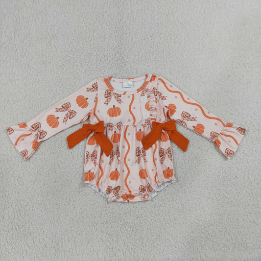 Baby Girls Long Sleeve Pumpkins Bows Fall Button Ruffle Romper