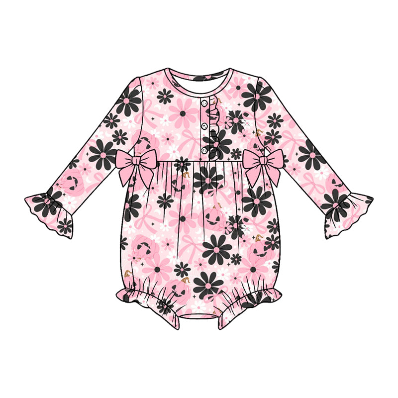 Baby Girls Long Sleeve Ghost Pumpkins Bows Halloween Button Ruffle Romper Preorder