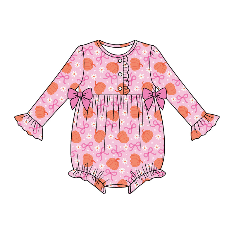 Baby Girls Long Sleeve Flowers Pumpkins Bows Fall Button Ruffle Romper Preorder