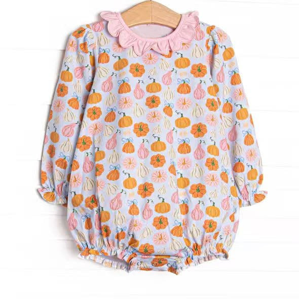 Preorder moq 5 Baby Girls Long Sleeve Pumpkins Fall Ruffle Rompers