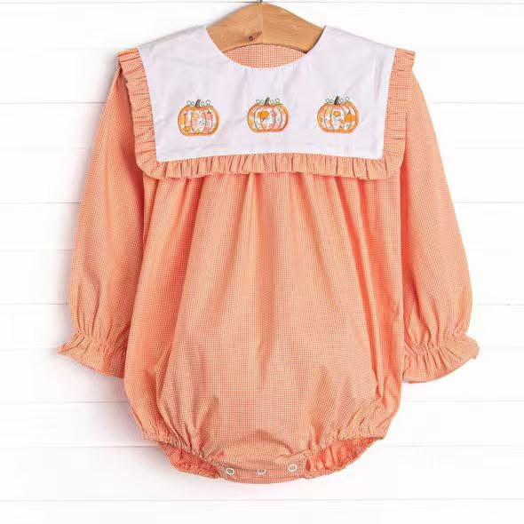 Preorder moq 5 Baby Girls Long Sleeve Pumpkins Fall Ruffle Rompers