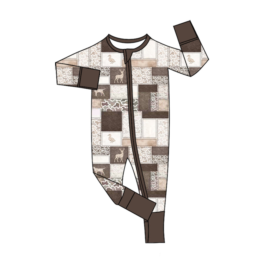 Preorder moq 5 Baby Boys Ducks Dogs Deer Camo Hunting Two Way Zip Convertible Rompers