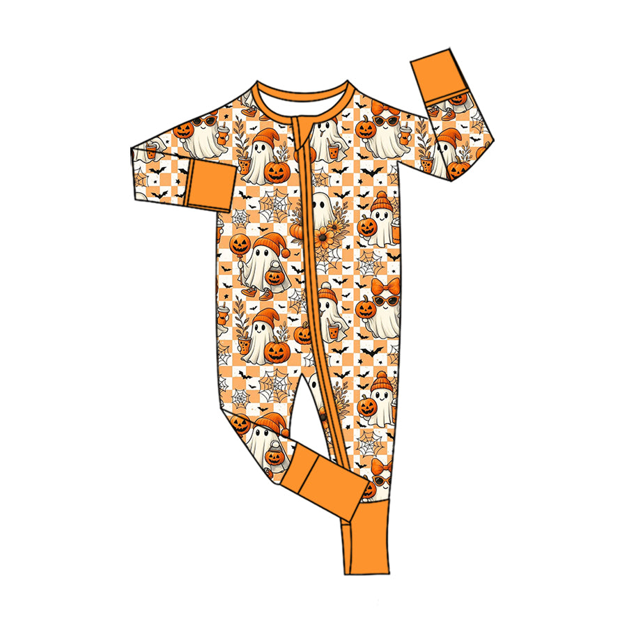 Preorder moq 5 Baby Boys Ghost Pumpkins Halloween Two Way Zip Convertible Rompers