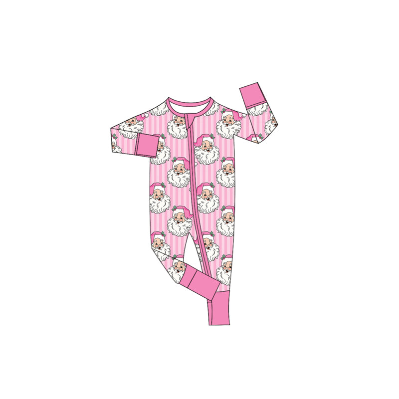Preorder moq 5 Baby Girls Pink Stripe Santa Christmas Two Way Zip Convertible Rompers