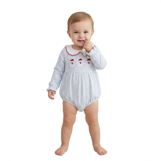 Embroidery Santa Baby Girls Blue Stripe Christmas Ruffle Rompers