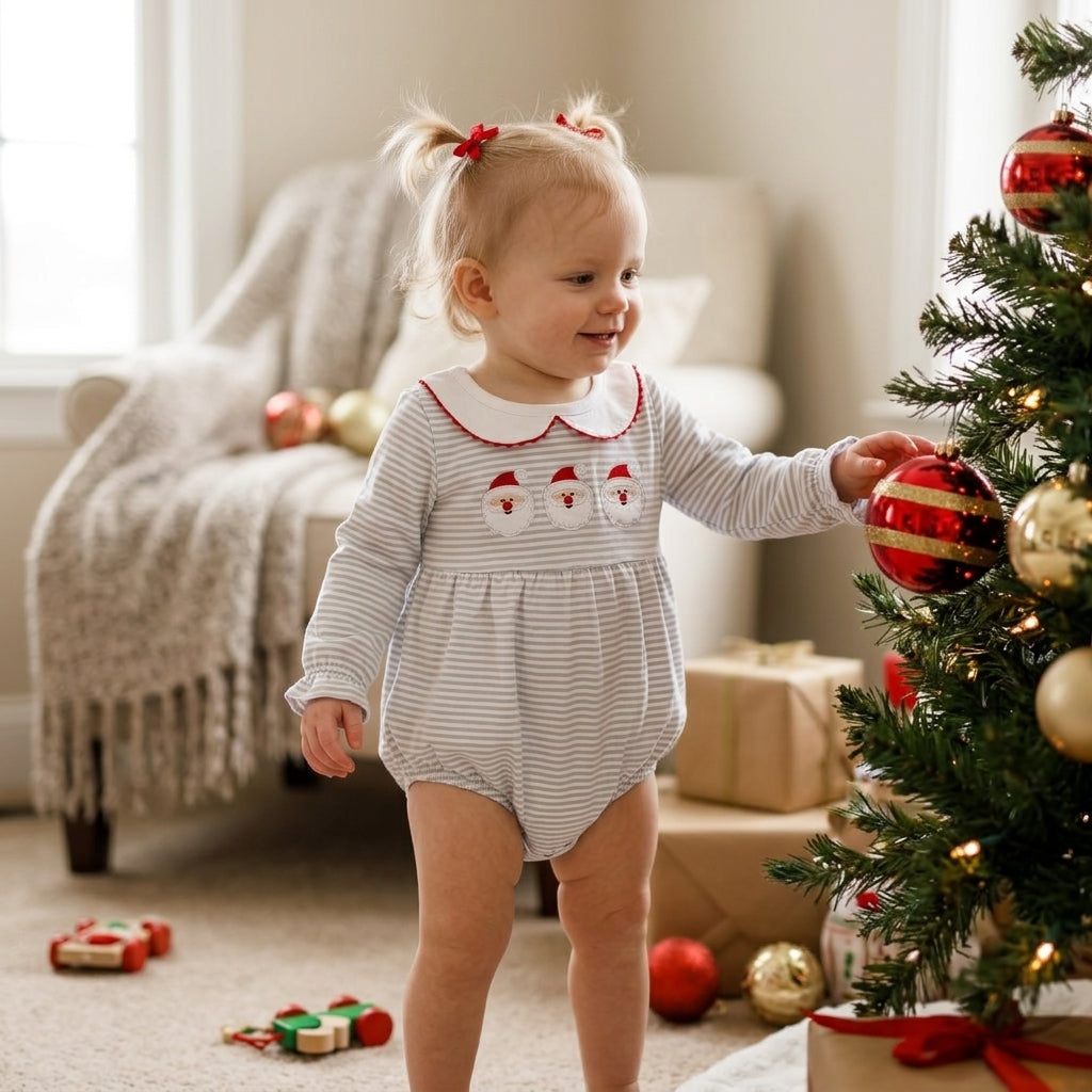 Embroidery Santa Baby Girls Blue Stripe Christmas Ruffle Rompers