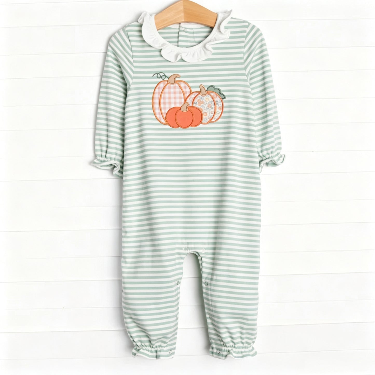 Preorder moq 5 Baby Girls Long Sleeve Green Stripe Flower Pumpkins Fall Rompers