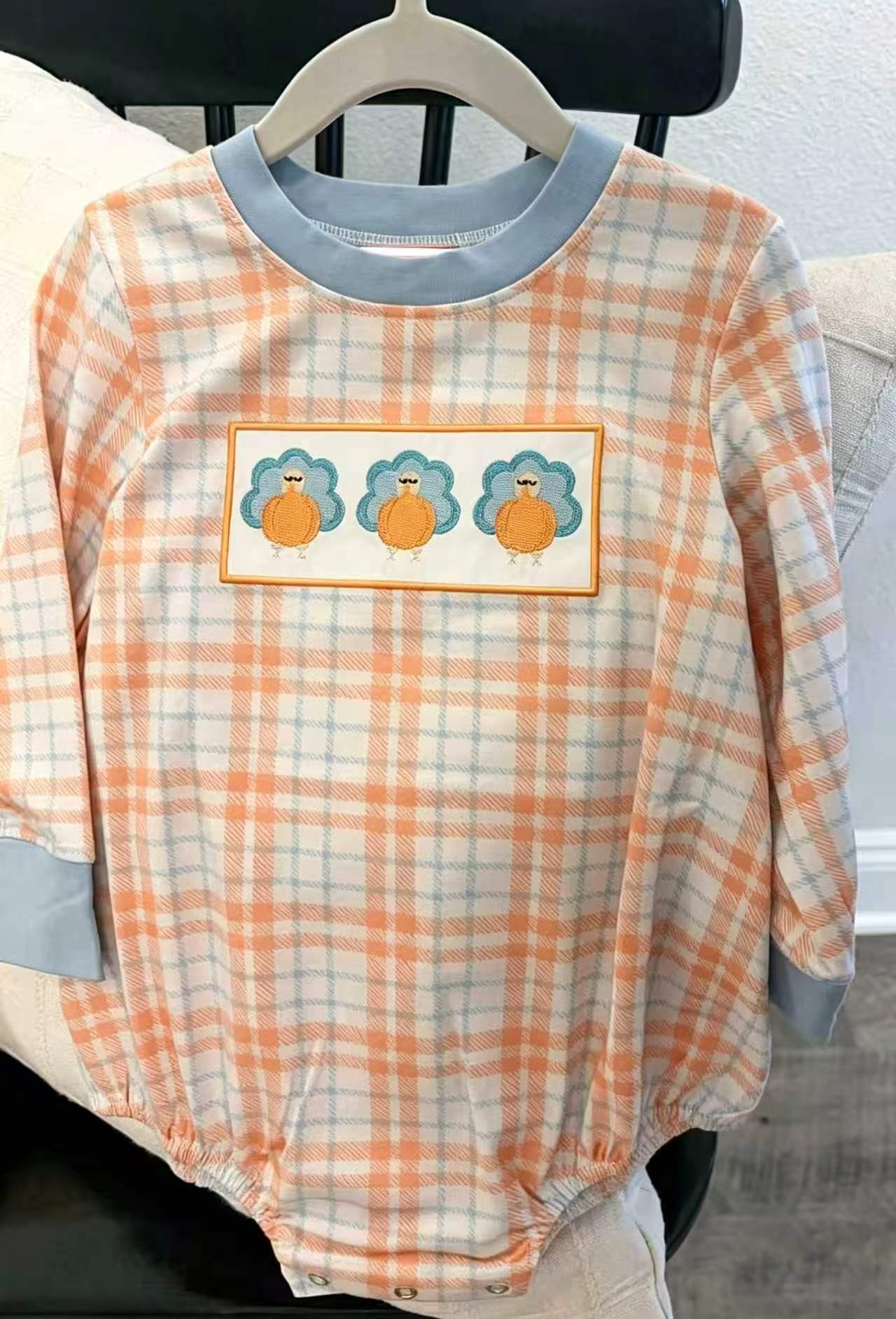 Preorder moq 5 Baby Boys Pumpkins Turkey Thanksgivings Checked Rompers