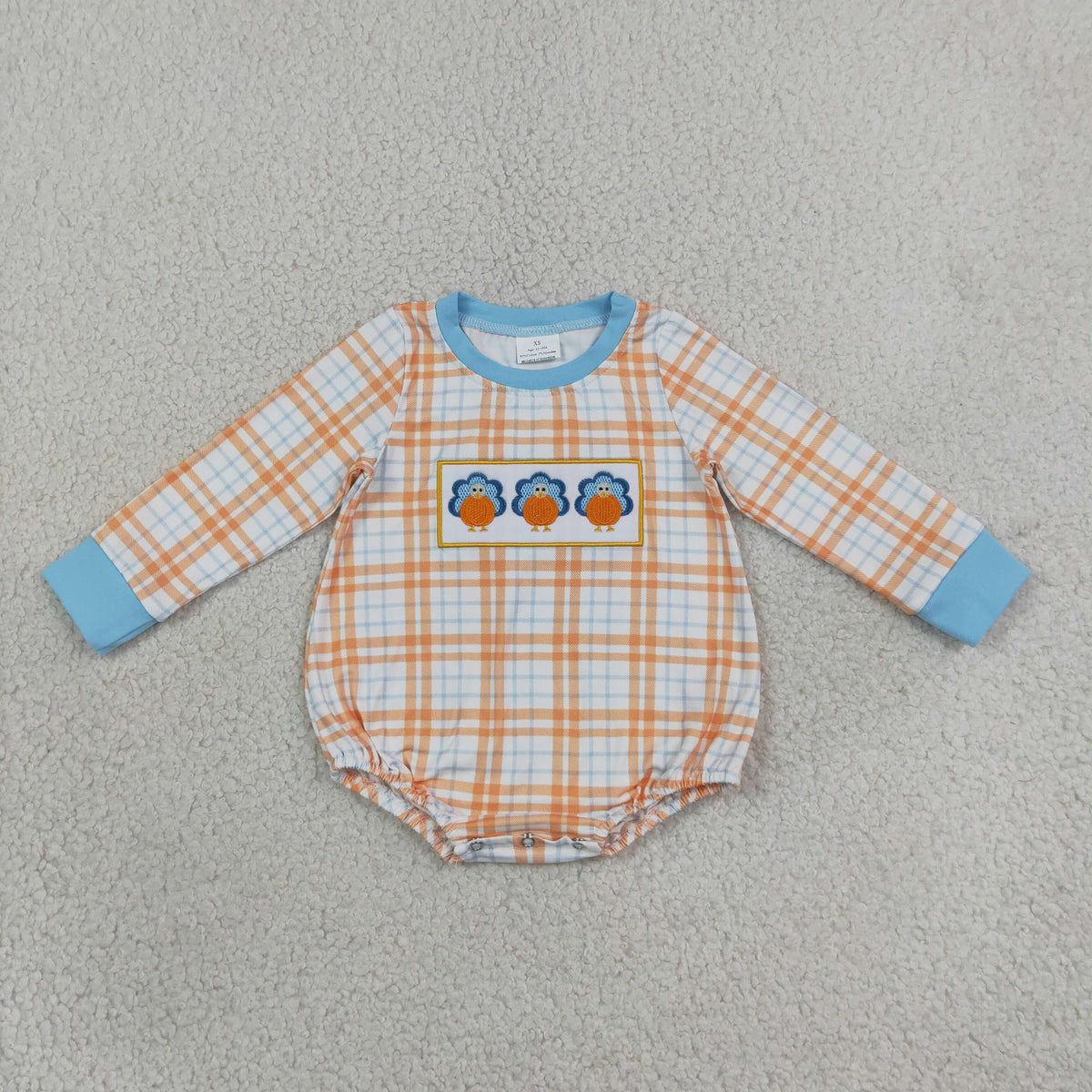 Embroidery Pumpkins Turkey Baby Boys Thanksgivings Checked Rompers