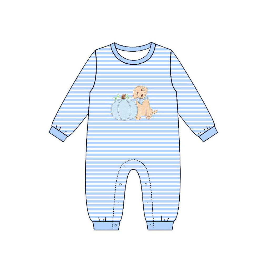 Preorder moq 5 Baby Boys Blue Stripe Pumpkins Dogs Fall Pant Rompers