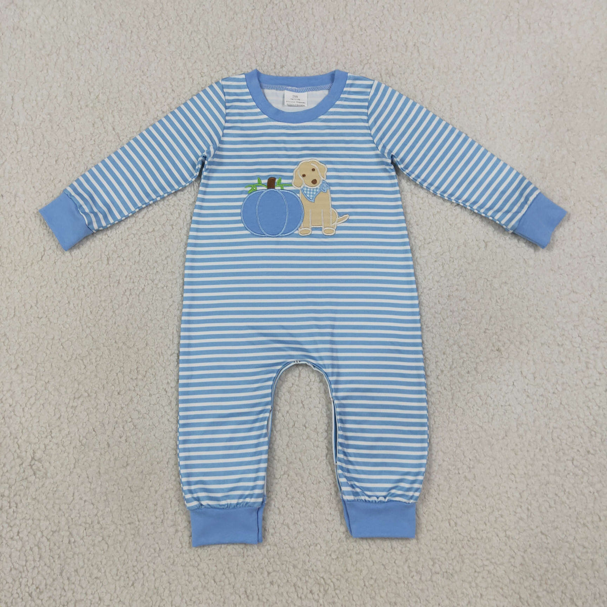 Embroidery Pumpkins Dogs Baby Boys Blue Stripe Fall Pant Rompers
