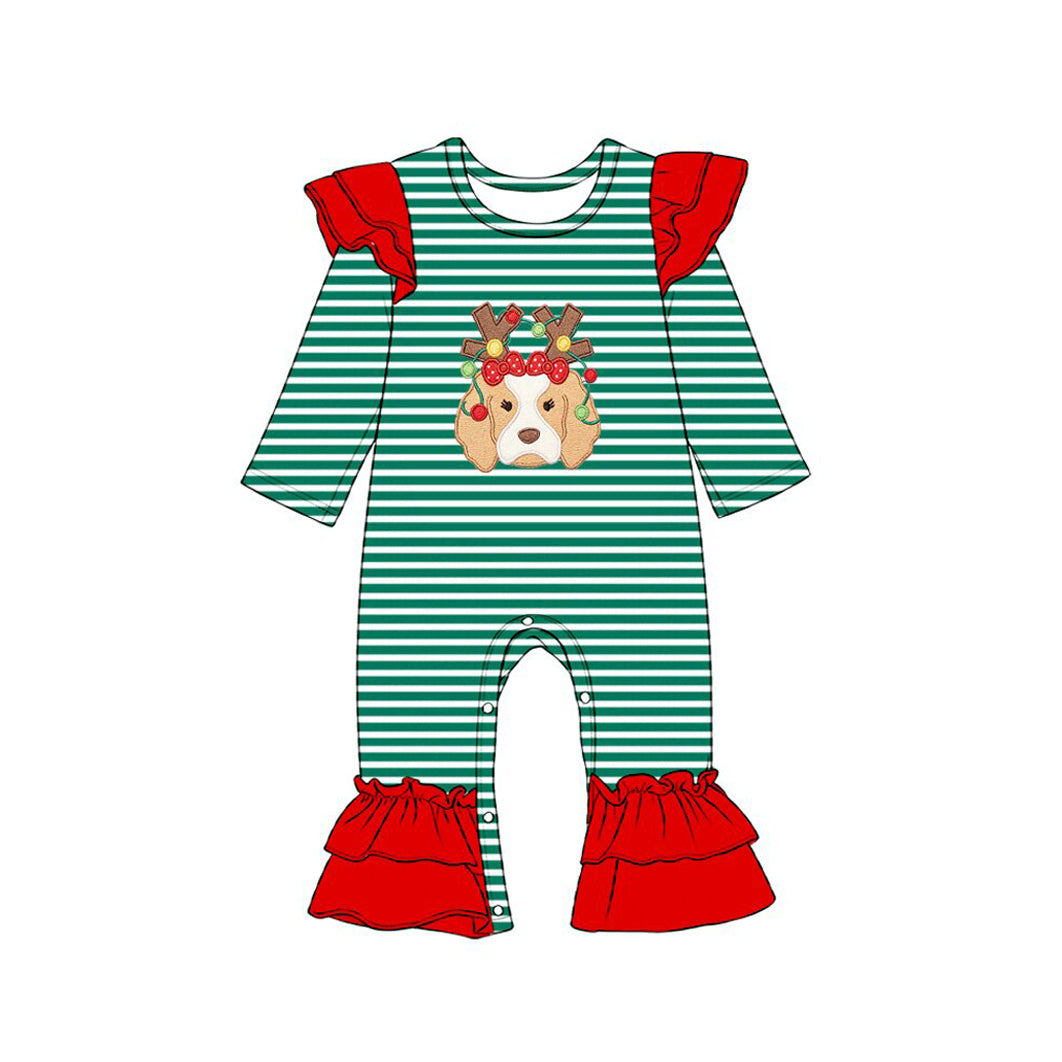 Preorder moq 5 Baby Girls Green Stripe Lights Dog Christmas Ruffle Pant Rompers