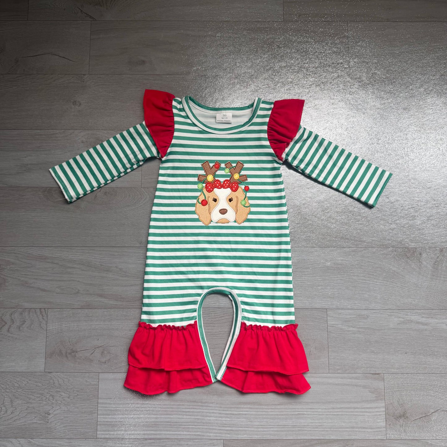 Embroidery Lights Dog Baby Girls Green Stripe Christmas Ruffle Pant Rompers Preorder