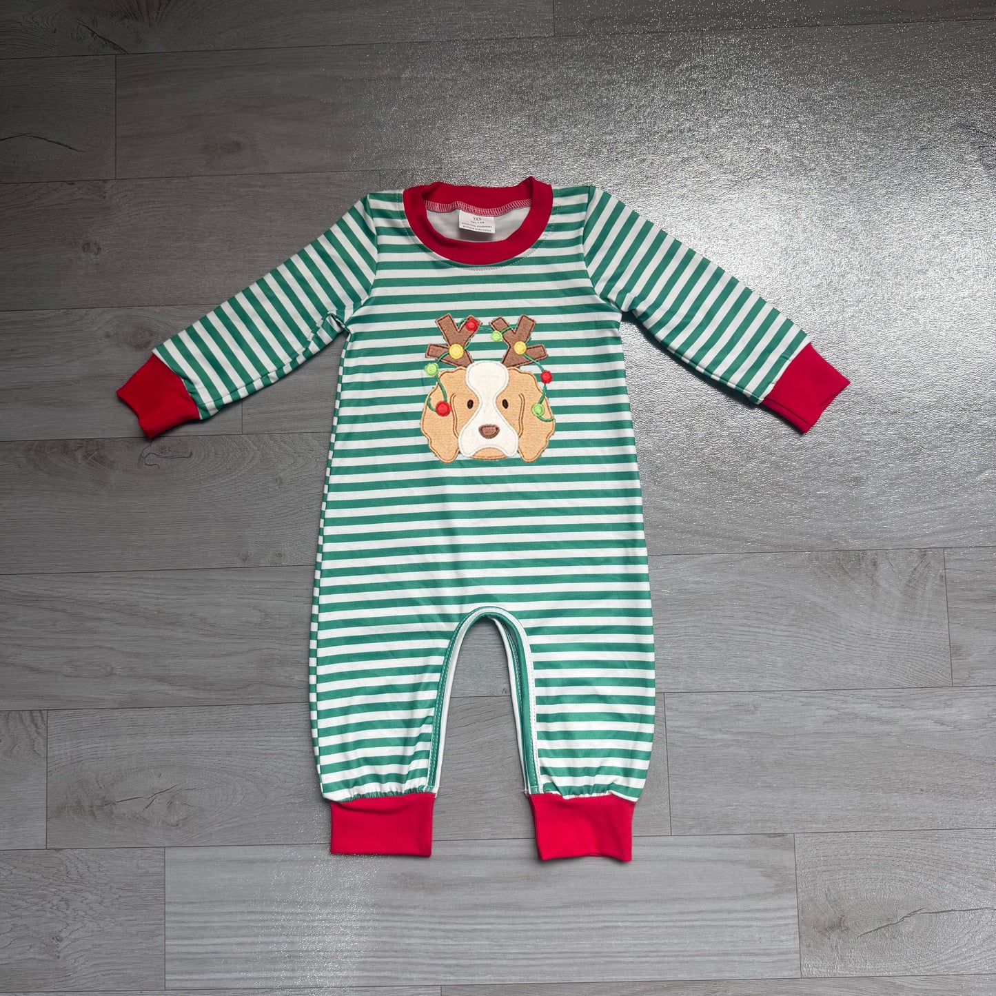 Embroidery Lights Dog Baby Boys Green Stripe Christmas Pant Rompers Preorder