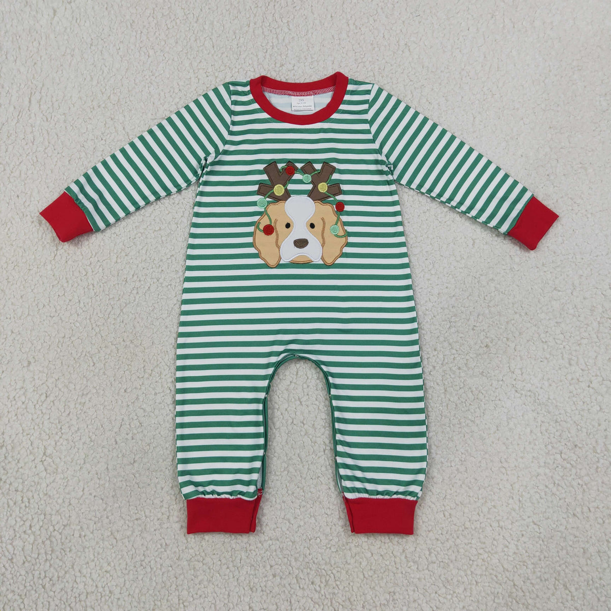 Embroidery Lights Dog Baby Boys Green Stripe Christmas Pant Rompers