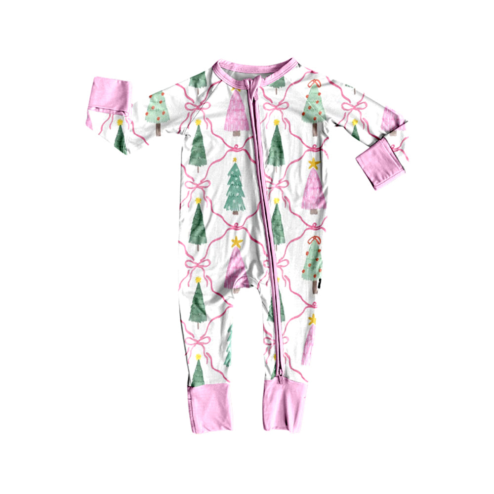Preorder moq 5 Baby Girls Bows Trees Checked Christmas Two Way Zip Convertible Rompers