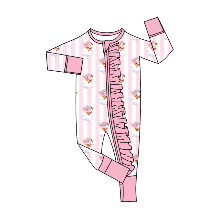 Preorder moq 5 Baby Girls Pink Stripe Santa Christmas Two Way Ruffle Zip Convertible Rompers