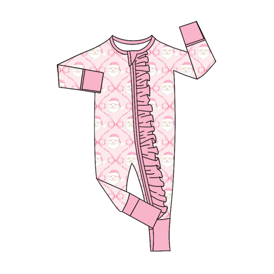 Preorder moq 5 Baby Girls Pink Bows Santa Christmas Two Way Ruffle Zip Convertible Rompers