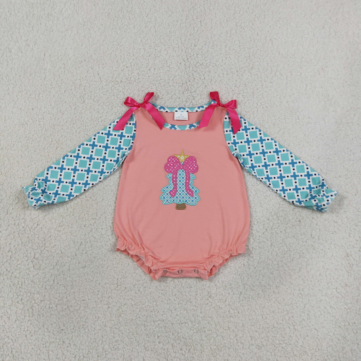 Embroidery Bow Trees Baby Girls Polka Dots Christmas Ruffle Rompers