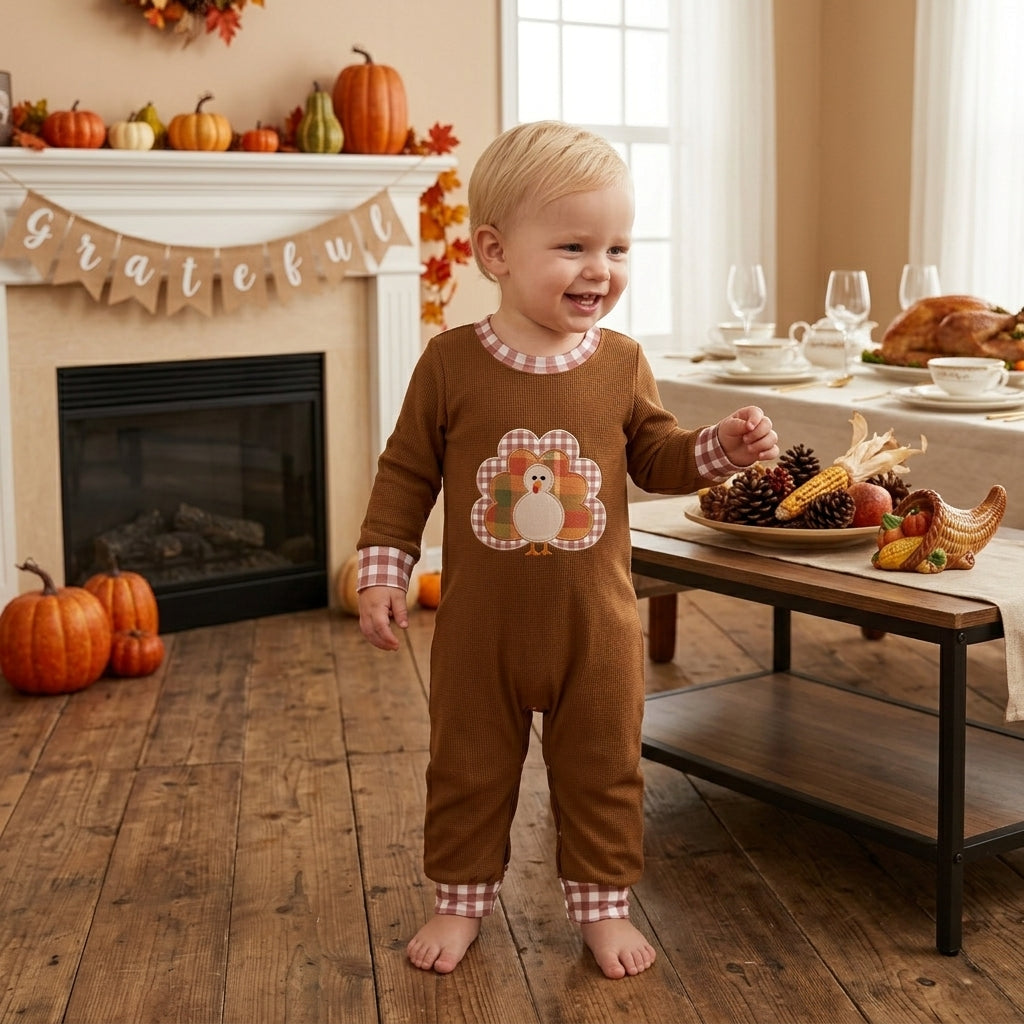 Embroidery Turkey Baby Boys Brown Long Sleeve Thanksgivings Pant Rompers