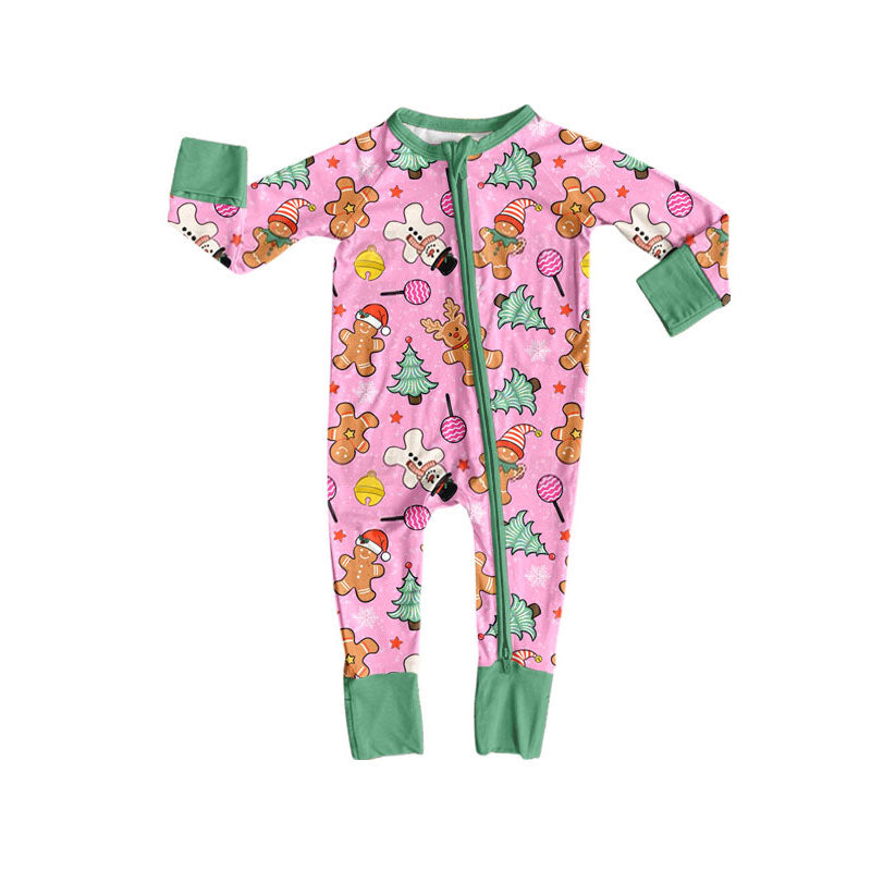 Preorder moq 5 Baby Girls Deer Gingerbread Christmas Two Way Zip Convertible Rompers