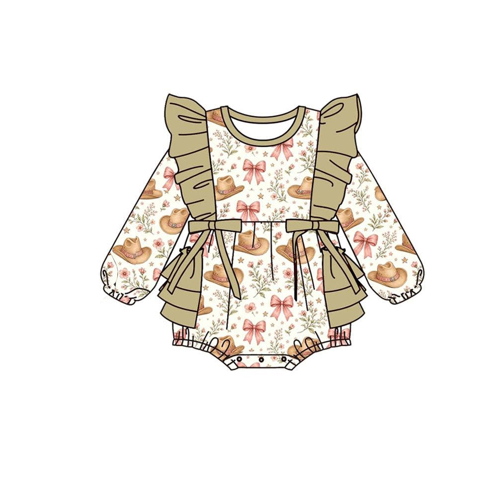 Preorder moq 5 Baby Girls Flowers Hats Western Bows Bubble Ruffle Rompers