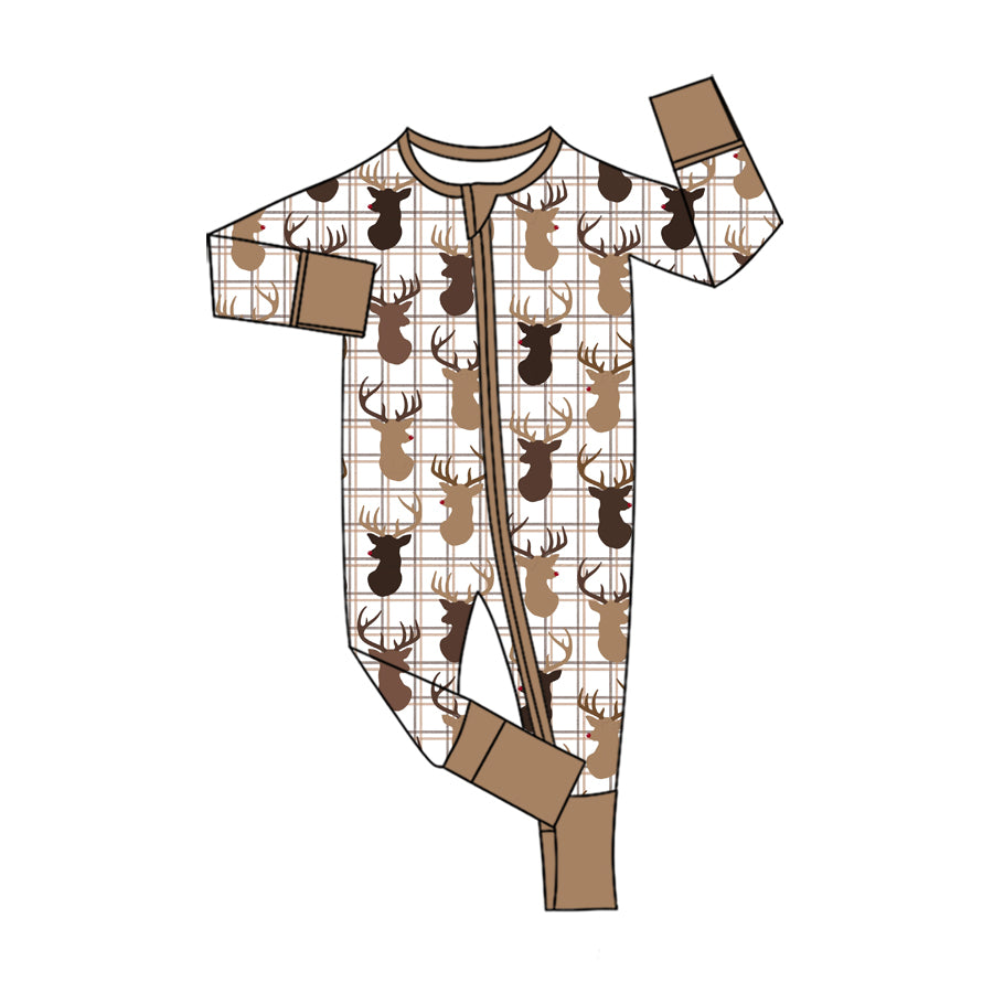Preorder moq 5 Baby Boys Khaki Checked Deer Hunting Two Way Zip Convertible Rompers