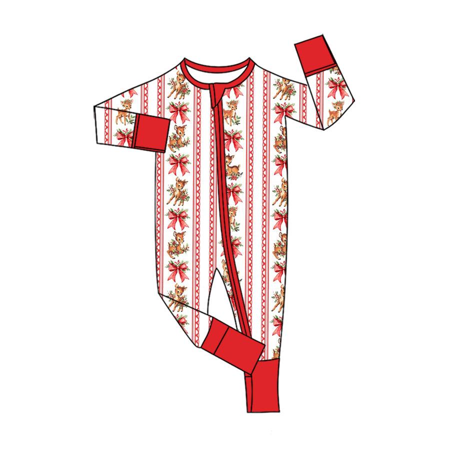 Preorder moq 5 Baby Girls Bows Deer Stripe Christmas Two Way Zip Convertible Rompers